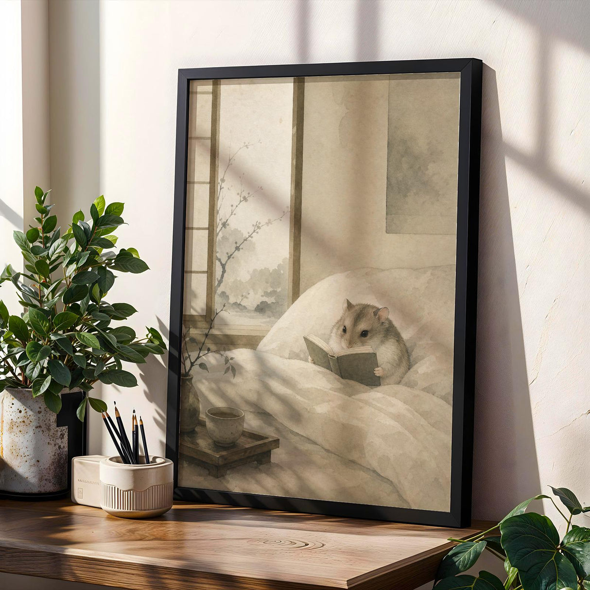 Russian Dwarf Hamster Reading in Bed Poster | Japanese Zen Sumi-e Hamster Wall Art | Warm Ivory Muted Sage Decor | Minimalist Bedroom Print