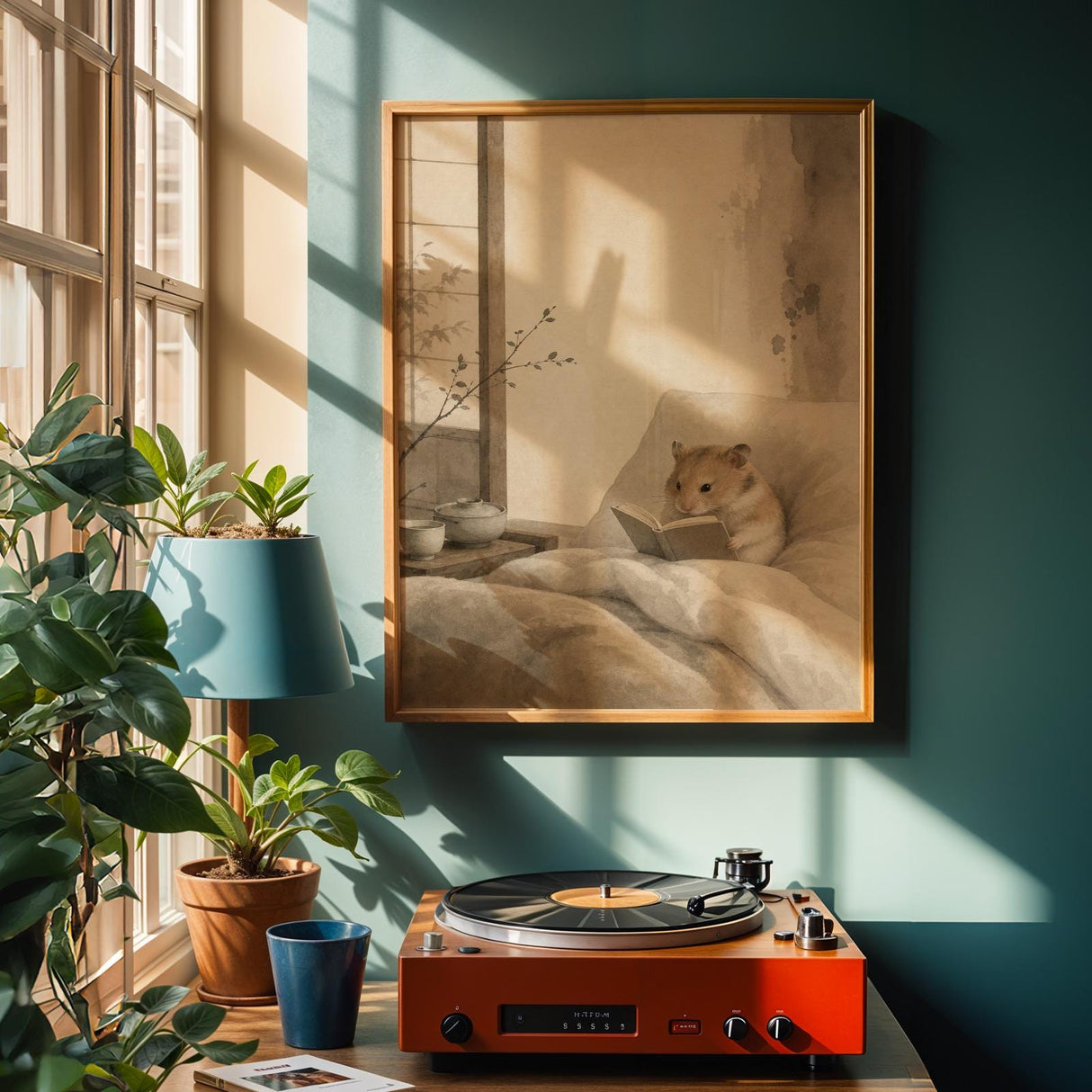 Chinese Hamster Reading in Bed Poster | Japanese Zen Ink Wash Hamster Wall Art | Warm Ivory Fog Gray Decor | Minimalist Bedroom Print