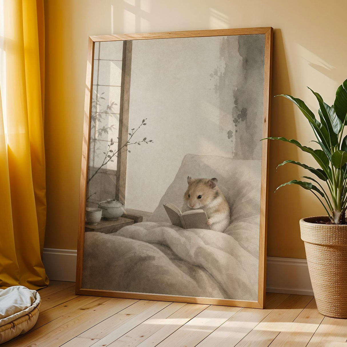 Chinese Hamster Reading in Bed Poster | Japanese Zen Ink Wash Hamster Wall Art | Warm Ivory Fog Gray Decor | Minimalist Bedroom Print