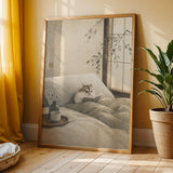 Hamster Reading Book Poster | Japanese Zen Sumi-e Ink Wash Wall Art | Warm Ivory Fog Gray Decor | Minimalist Bedroom Print