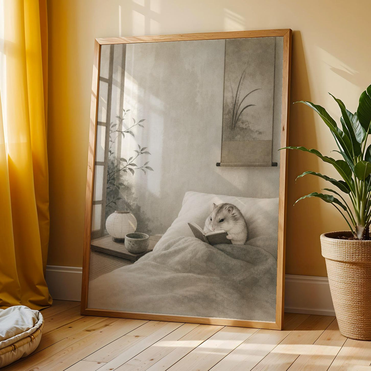 Pearl Dwarf Hamster Reading in Bed Poster | Japanese Zen Sumi-e Hamster Wall Art | Warm Ivory Fog Gray Decor | Minimalist Bedroom Print