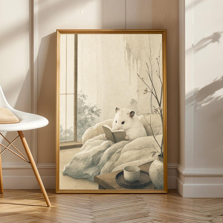 White Syrian Hamster Reading in Bed Poster | Japanese Zen Sumi-e Hamster Wall Art | Warm Ivory Fog Gray Decor | Minimalist Bedroom Print