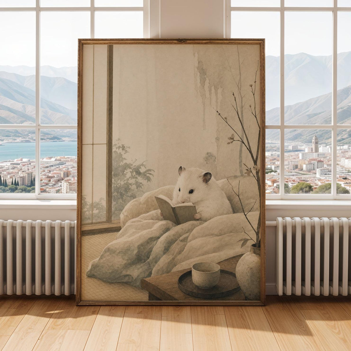 White Syrian Hamster Reading in Bed Poster | Japanese Zen Sumi-e Hamster Wall Art | Warm Ivory Fog Gray Decor | Minimalist Bedroom Print