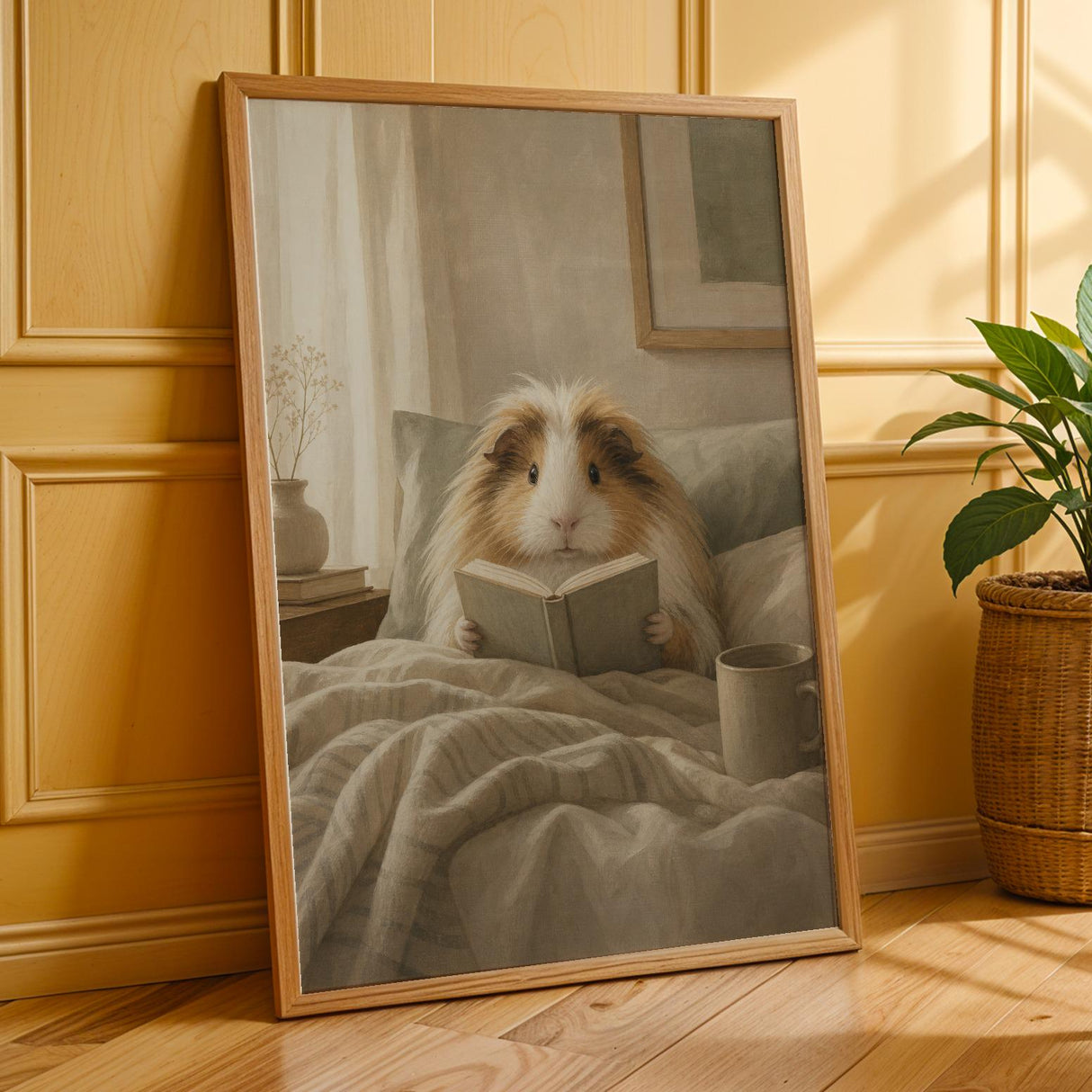 Sheltie Guinea Pig Reading in Bed Poster | Modern Gouache Guinea Pig Wall Art | Warm Beige Oat Milk Decor | Cozy Minimalist Bedroom Print