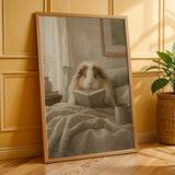 Sheltie Guinea Pig Reading in Bed Poster | Modern Gouache Guinea Pig Wall Art | Warm Beige Oat Milk Decor | Cozy Minimalist Bedroom Print
