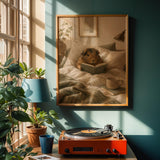 Abyssinian Guinea Pig Reading in Bed Poster | Modern Gouache Guinea Pig Wall Art | Warm Beige Soft Ivory Decor | Cozy Bedroom Print