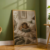 Abyssinian Guinea Pig Reading in Bed Poster | Modern Gouache Guinea Pig Wall Art | Warm Beige Soft Ivory Decor | Cozy Bedroom Print