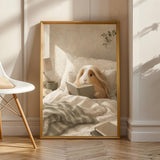 Peruvian Guinea Pig Reading in Bed Poster | Modern Soft Gouache Guinea Pig Wall Art | Warm Beige Oat Milk Decor | Cozy Bedroom Print