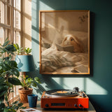 Peruvian Guinea Pig Reading in Bed Poster | Modern Soft Gouache Guinea Pig Wall Art | Warm Beige Oat Milk Decor | Cozy Bedroom Print