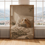 Peruvian Guinea Pig Reading in Bed Poster | Modern Soft Gouache Guinea Pig Wall Art | Warm Beige Oat Milk Decor | Cozy Bedroom Print