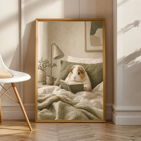 Alpaca Guinea Pig Reading in Bed Poster | Scandinavian Gouache Guinea Pig Wall Art | Warm Beige Oat Milk Decor | Cozy Nordic Bedroom Print