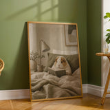 Alpaca Guinea Pig Reading in Bed Poster | Scandinavian Gouache Guinea Pig Wall Art | Warm Beige Oat Milk Decor | Cozy Nordic Bedroom Print