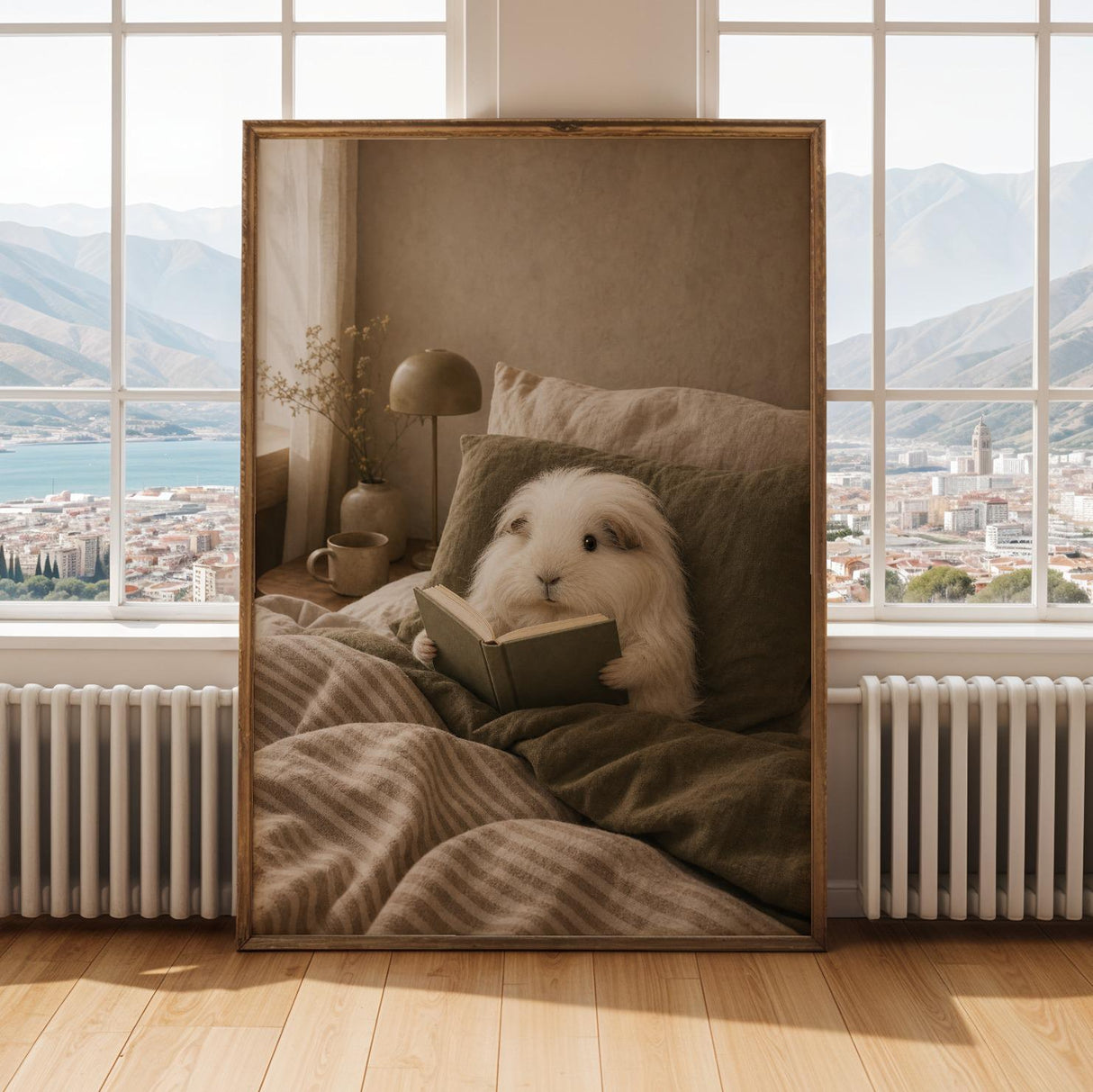 Silkie Guinea Pig Reading in Bed Poster | Modern Gouache Guinea Pig Wall Art | Warm Beige Oat Milk Decor | Cozy Minimalist Bedroom Print