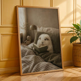 Silkie Guinea Pig Reading in Bed Poster | Modern Gouache Guinea Pig Wall Art | Warm Beige Oat Milk Decor | Cozy Minimalist Bedroom Print