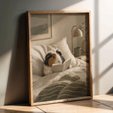 Coronet Guinea Pig Reading in Bed Poster | Scandinavian Gouache Guinea Pig Wall Art | Warm Beige Oat Milk Decor | Cozy Bedroom Print