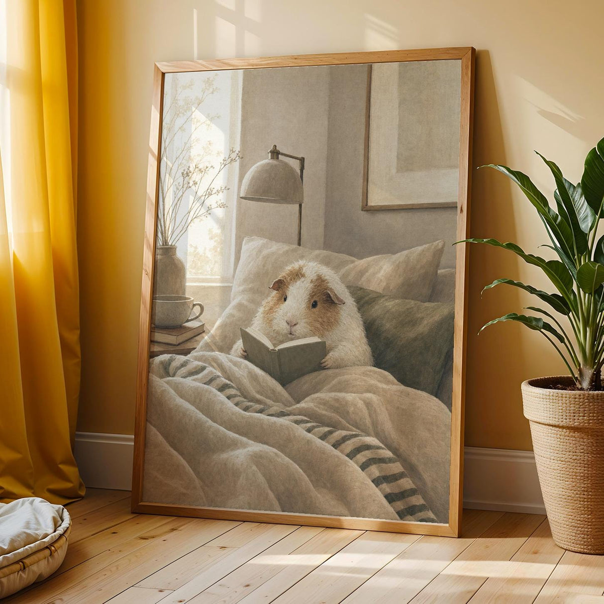 Texel Guinea Pig Reading in Bed Poster | Modern Soft Gouache Guinea Pig Wall Art | Warm Beige Oat Milk Decor | Cozy Minimalist Bedroom Print