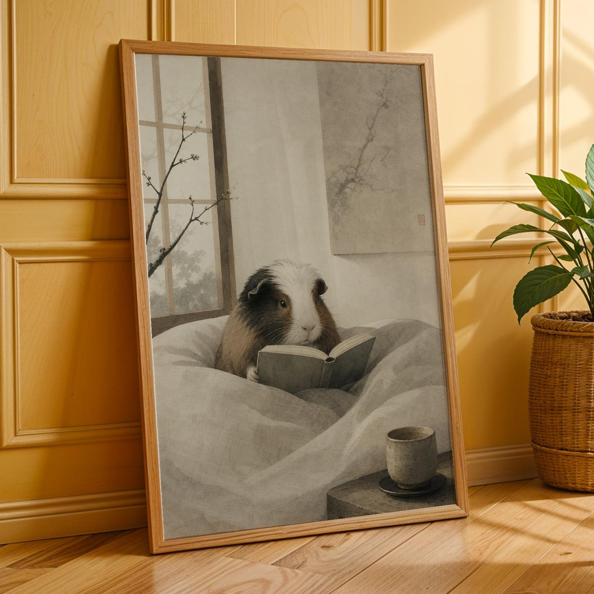 White Guinea Pig Reading in Bed Poster | Japanese Zen Ink Wash Guinea Pig Wall Art | Warm Ivory Neutral Decor | Minimalist Bedroom Print