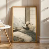 Himalayan Guinea Pig Reading in Bed Poster | Japanese Zen Sumi-e Guinea Pig Wall Art | Warm Ivory Fog Gray Decor | Minimalist Bedroom Print