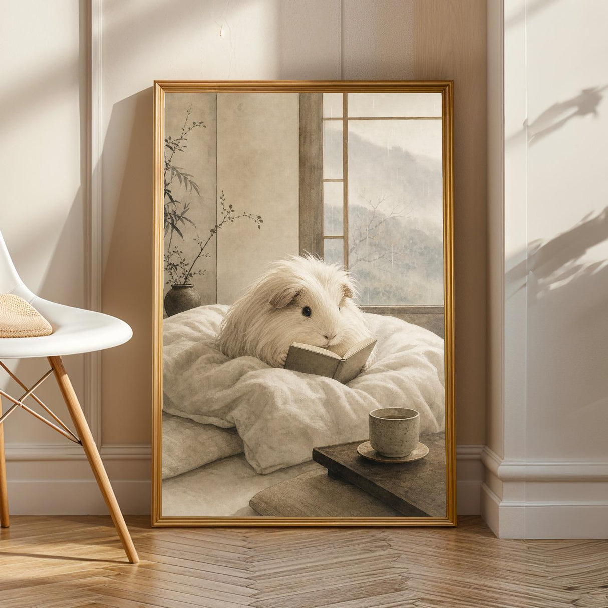 Silkie Guinea Pig Reading in Bed Poster | Japanese Zen Sumi-e Guinea Pig Wall Art | Warm Ivory Fog Gray Decor | Minimalist Bedroom Print