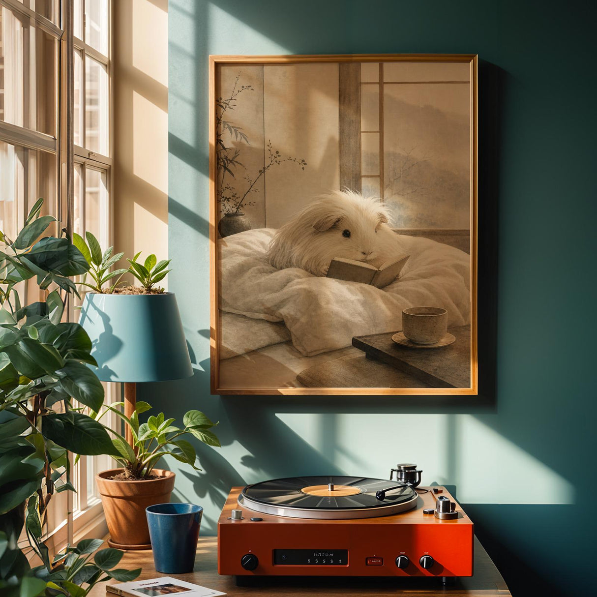 Silkie Guinea Pig Reading in Bed Poster | Japanese Zen Sumi-e Guinea Pig Wall Art | Warm Ivory Fog Gray Decor | Minimalist Bedroom Print
