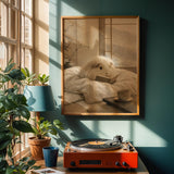 Silkie Guinea Pig Reading in Bed Poster | Japanese Zen Sumi-e Guinea Pig Wall Art | Warm Ivory Fog Gray Decor | Minimalist Bedroom Print