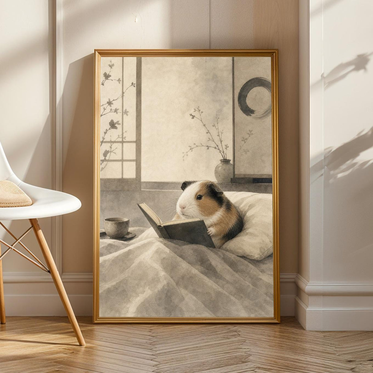 American Guinea Pig Reading in Bed Poster | Japanese Zen Ink Wash Guinea Pig Wall Art | Warm Ivory Fog Gray Decor | Minimalist Bedroom Print