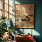 American Guinea Pig Reading in Bed Poster | Japanese Zen Ink Wash Guinea Pig Wall Art | Warm Ivory Fog Gray Decor | Minimalist Bedroom Print