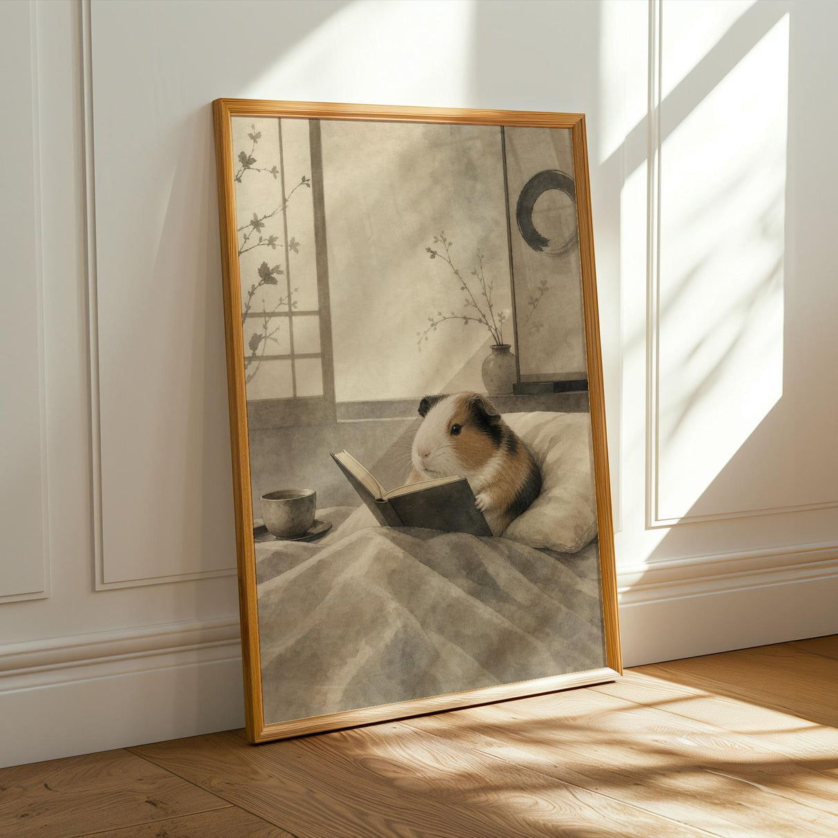 American Guinea Pig Reading in Bed Poster | Japanese Zen Ink Wash Guinea Pig Wall Art | Warm Ivory Fog Gray Decor | Minimalist Bedroom Print