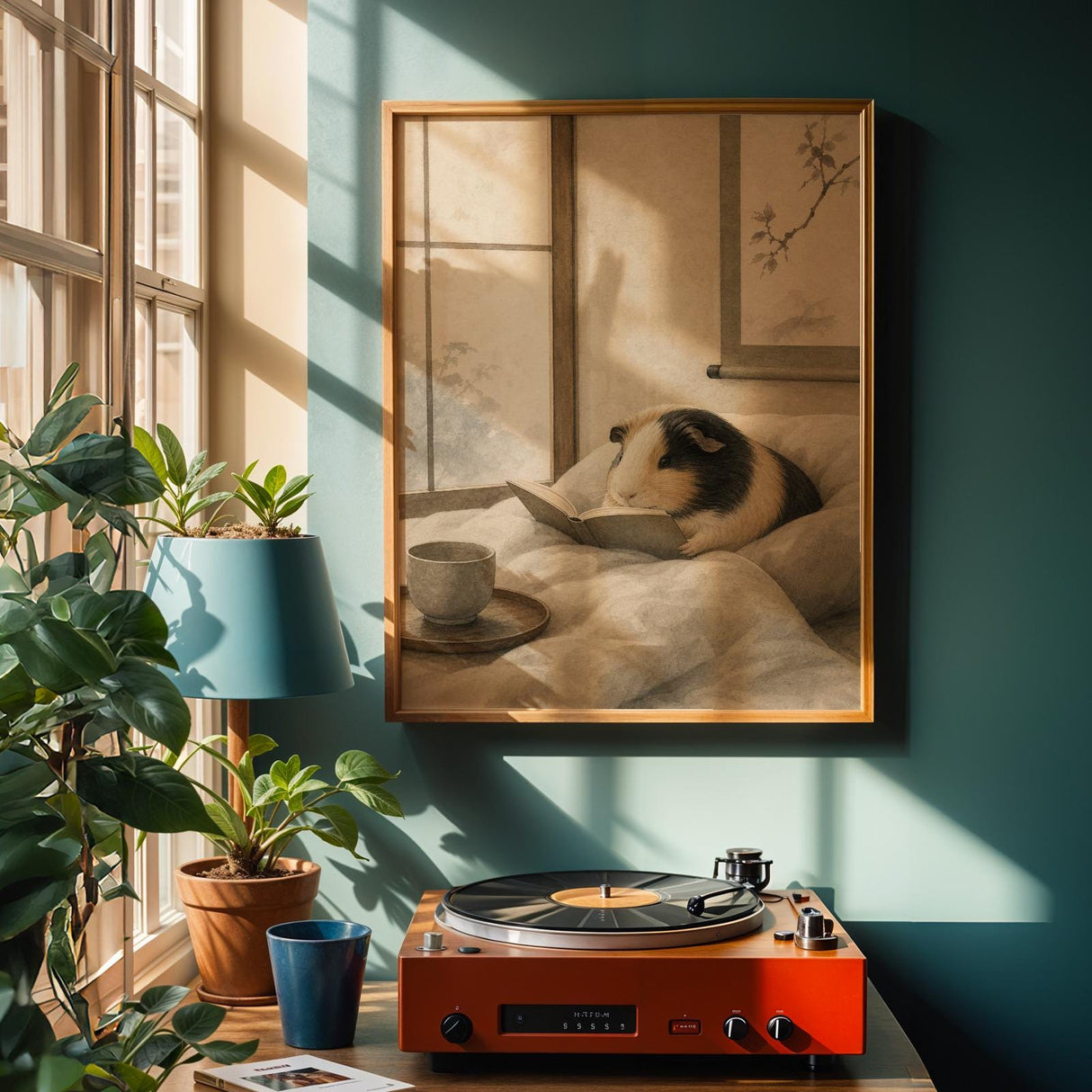 Satin Guinea Pig Reading in Bed Poster | Japanese Zen Ink Wash Guinea Pig Wall Art | Warm Ivory Fog Gray Decor | Living Room Print