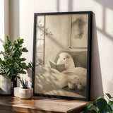 White Guinea Pig Reading in Bed Poster | Japanese Zen Sumi-e Guinea Pig Wall Art | Warm Ivory Fog Gray Decor | Minimalist Bedroom Print