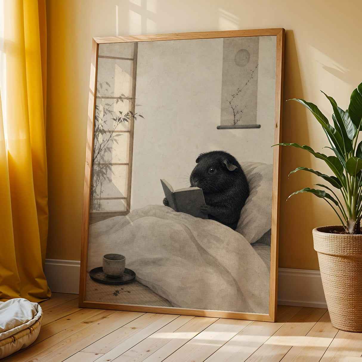Black Guinea Pig Reading in Bed Poster | Japanese Zen Sumi-e Guinea Pig Wall Art | Warm Ivory Fog Gray Decor | Minimalist Bedroom Print