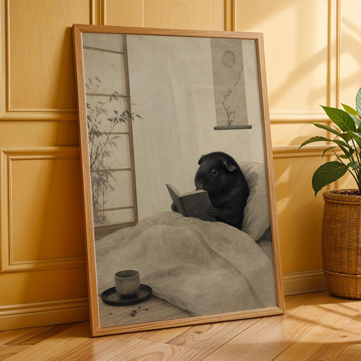 Black Guinea Pig Reading in Bed Poster | Japanese Zen Sumi-e Guinea Pig Wall Art | Warm Ivory Fog Gray Decor | Minimalist Bedroom Print