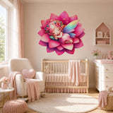 Sleeping Fairy Wall Vinyl Decal | Cute Pink Lotus Flower Fairy Sticker | Nursery Bedroom Wall Art | Whimsical Baby Girl Room Decor