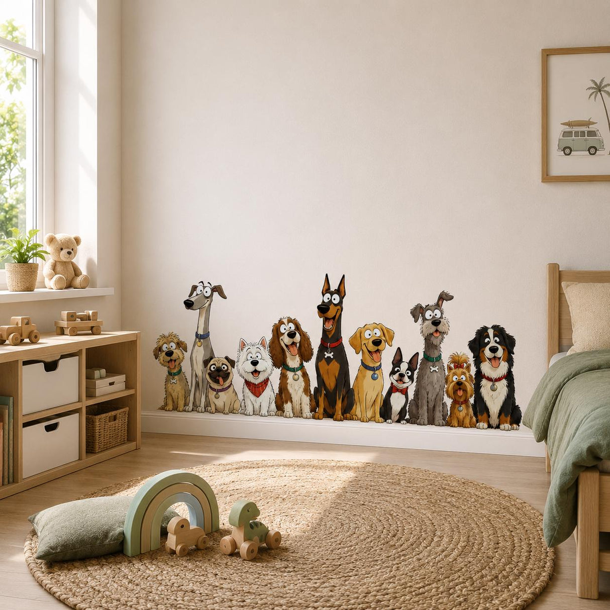 Funny Dog Group Wall Vinyl Decal | Cartoon Puppy Pack Sticker | Pet Lover Wall Art | Kids Room Playroom Decor | Dog Breeds Illustration
