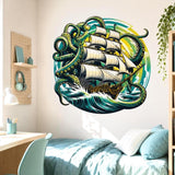 Wall vinyl decal artwork of a sailing ship surrounded by kraken octopus tentacles and crashing ocean waves in bold teal and green tones.
