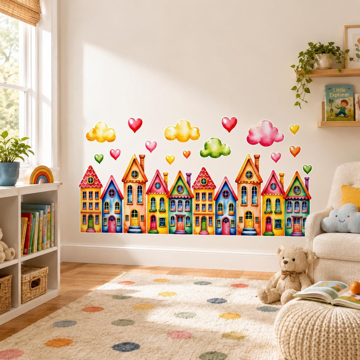Colorful Watercolor Houses Wall Vinyl Decal | Rainbow Town Street Sticker | Cute Clouds Hearts Wall Art | Nursery Kids Room Playroom Decor