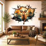 3D Deer Wall Vinyl Decal | Stag Broken Wall Illusion Sticker | Forest Wildlife Wall Art | Rustic Cabin Lodge Decor | Autumn Scene