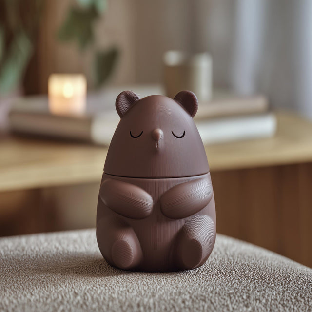 3D printed sleeping bear memorial urn with removable lid in matte brown PLA displayed in a cozy modern interior with soft lighting.