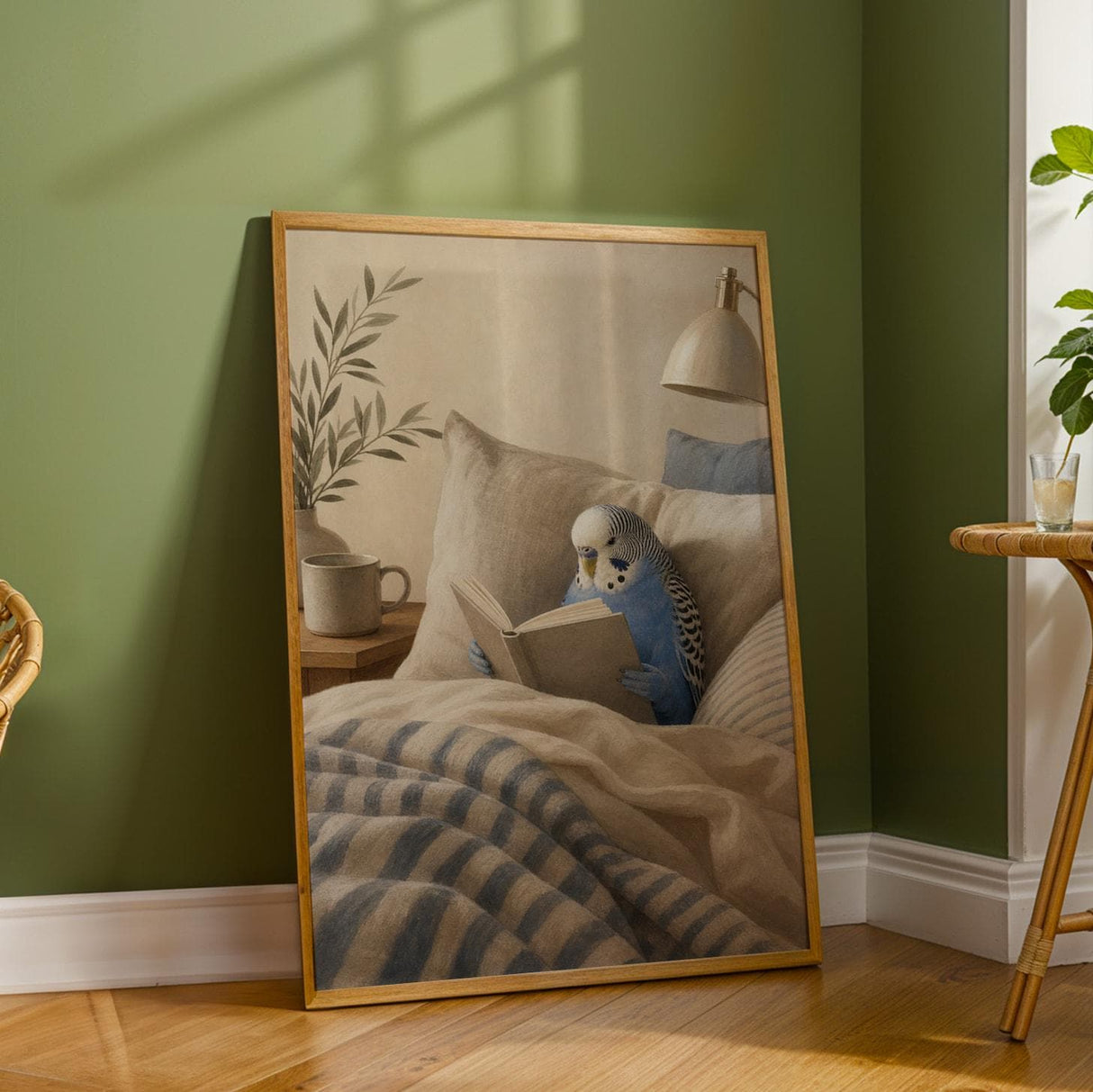 Cobalt Blue Budgerigar Reading in Bed Poster | Modern Gouache Bird Wall Art | Cobalt Blue Warm Beige Decor | Cozy Minimalist Bedroom Print