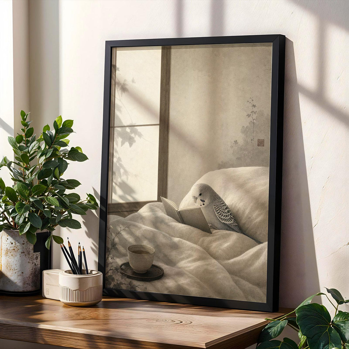 Silver Budgerigar Reading in Bed Poster | Japanese Zen Sumi-e Bird Wall Art | Warm Ivory Fog Gray Decor | Minimalist Bedroom Print
