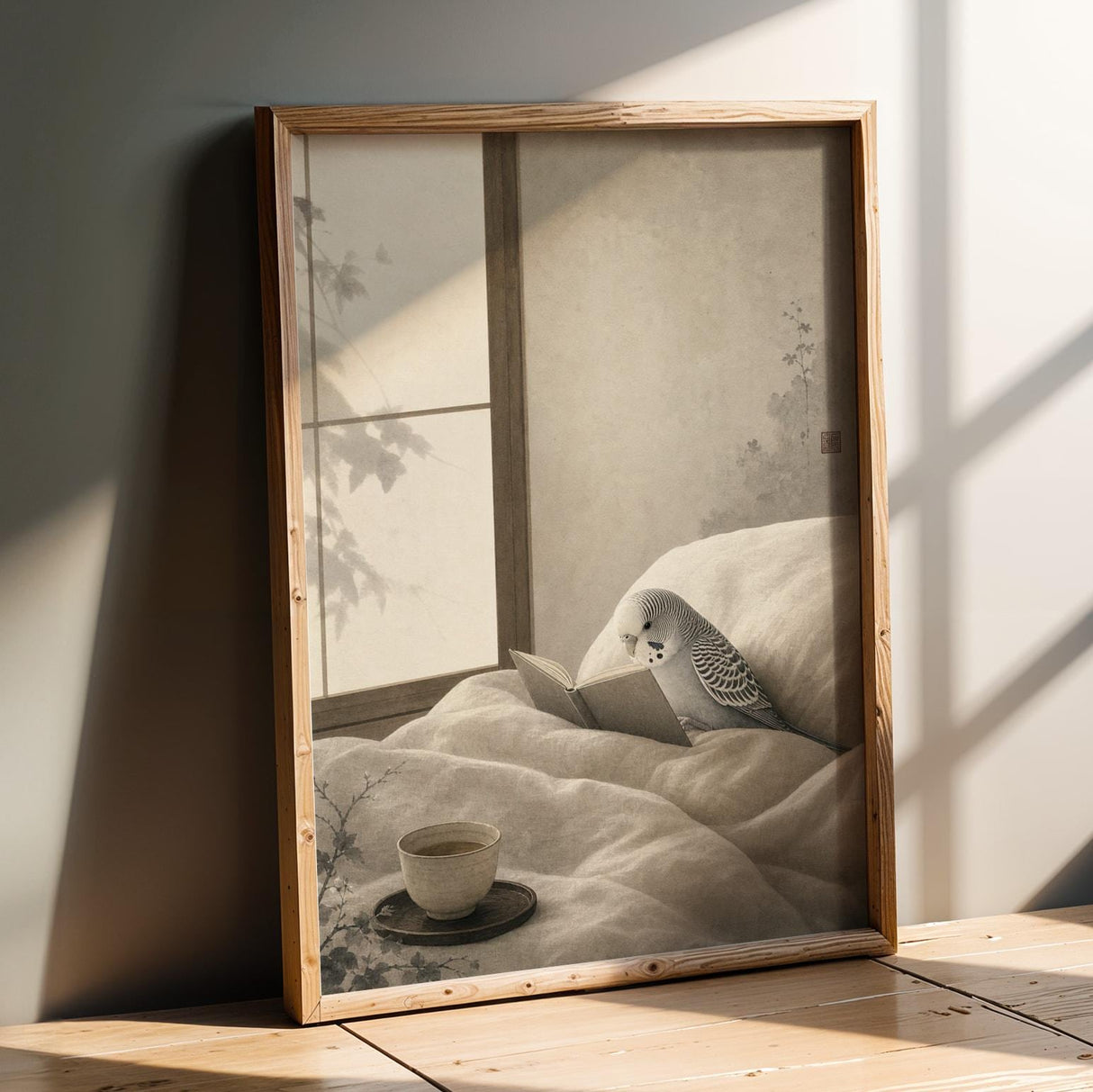 Silver Budgerigar Reading in Bed Poster | Japanese Zen Sumi-e Bird Wall Art | Warm Ivory Fog Gray Decor | Minimalist Bedroom Print