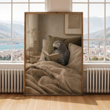 African Grey Parrot Reading in Bed Poster | Modern Soft Gouache Bird Wall Art | Warm Beige Oat Milk Decor | Cozy Minimalist Bedroom Print