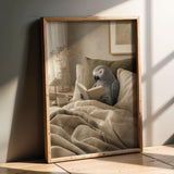 African Grey Parrot Reading in Bed Poster | Modern Soft Gouache Bird Wall Art | Warm Beige Oat Milk Decor | Cozy Minimalist Bedroom Print