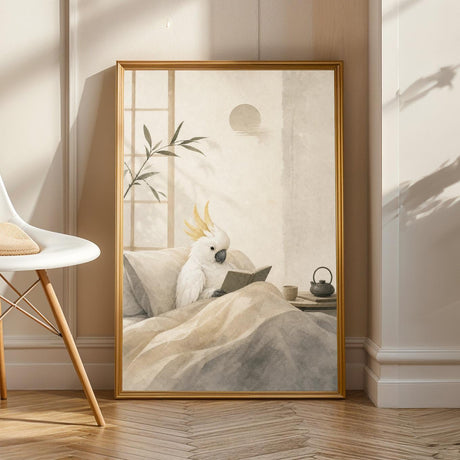 White Cockatoo Reading in Bed Poster | Japanese Zen Ink Wash Bird Wall Art | Warm Ivory Fog Gray Decor | Cozy Minimalist Reading Nook Print