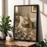 Cinnamon Cockatiel Reading in Bed Poster | Scandinavian Gouache Bird Wall Art | Warm Beige Ivory Decor | Cozy Minimalist Bedroom Print