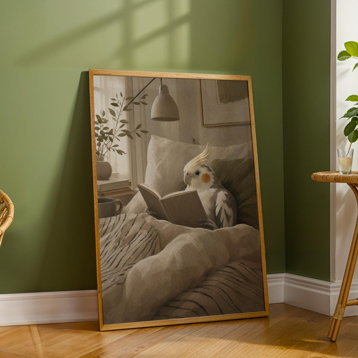 Pied Cockatiel Reading in Bed Poster | Scandinavian Gouache Bird Wall Art | Warm Beige Ivory Decor | Cozy Minimalist Bedroom Print