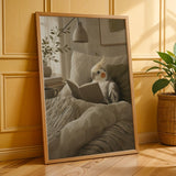 Pied Cockatiel Reading in Bed Poster | Scandinavian Gouache Bird Wall Art | Warm Beige Ivory Decor | Cozy Minimalist Bedroom Print