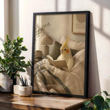 Lutino Cockatiel Reading in Bed Poster | Modern Soft Gouache Bird Wall Art | Warm Beige Oat Milk Decor | Cozy Minimalist Bedroom Print