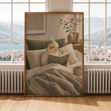 Pearl Cockatiel Reading in Bed Poster | Modern Gouache Bird Wall Art | Warm Beige Soft Ivory Decor | Cozy Minimalist Bedroom Print