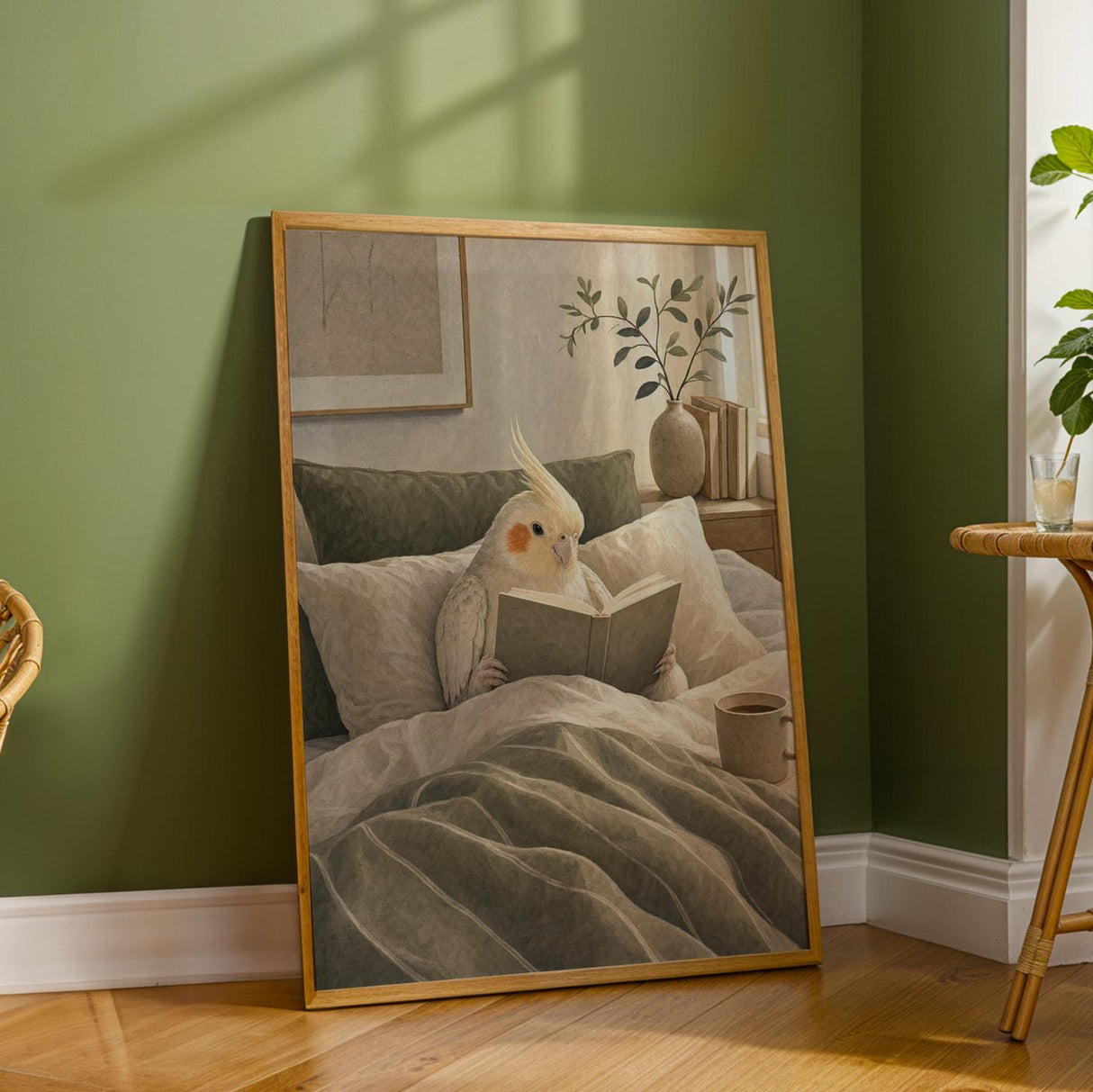 Pearl Cockatiel Reading in Bed Poster | Modern Gouache Bird Wall Art | Warm Beige Soft Ivory Decor | Cozy Minimalist Bedroom Print